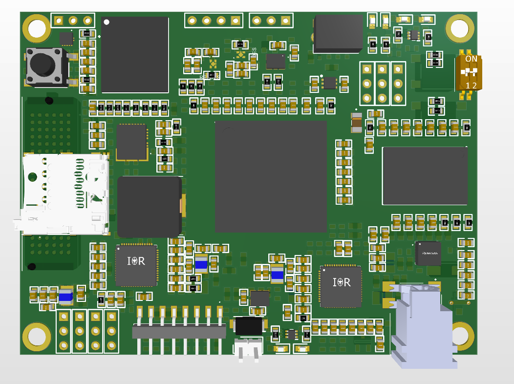 Rendered green controller PCB with mounted components, edge connectors, and labeled I/O